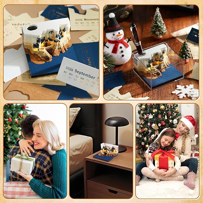 3D Time Piece Calendar 2026, Art Calendar Memo Pad 2026 Mini Desk Magic Castle with Lights, 3D Sticky Note Desktop Tear Off Gift for Christmas Office Decoration
