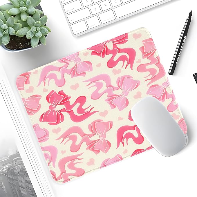 Seorsok Square Abstract Art Pink Bows and Little Love Heart Mouse Mat,Premium Textured Mouse Pads for Office Laptop,Washable Square Mousepads with Extended Stitched Edges Non Slip Rubber Base