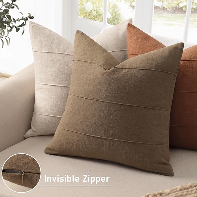 ZWJD Decorative Linen Throw Pillow Covers 16x16 Set of 2 Solid Handcrafted Striped Cushion Covers for Bed Soft Modern Farmhouse Neutral Pillowcase for Couch Bedroom Living Room Home Decor(Coco Brown)