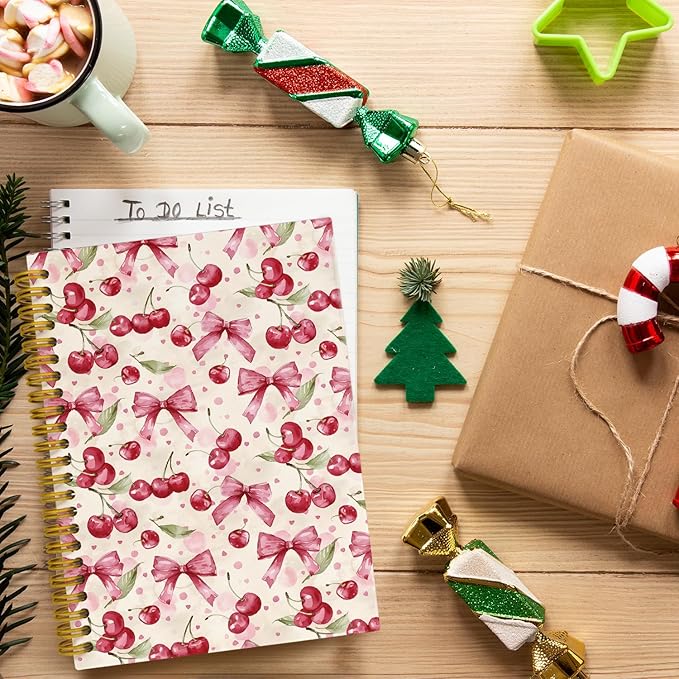 Coquette Pink Bow Cherry Spiral Notebook for Women Girls, Vintage Journaling Notebooks, Cute Pink Notebook Journal, Pink Office Supplies, Hardcover Spiral Lined Notebook 5.5 x 8.3