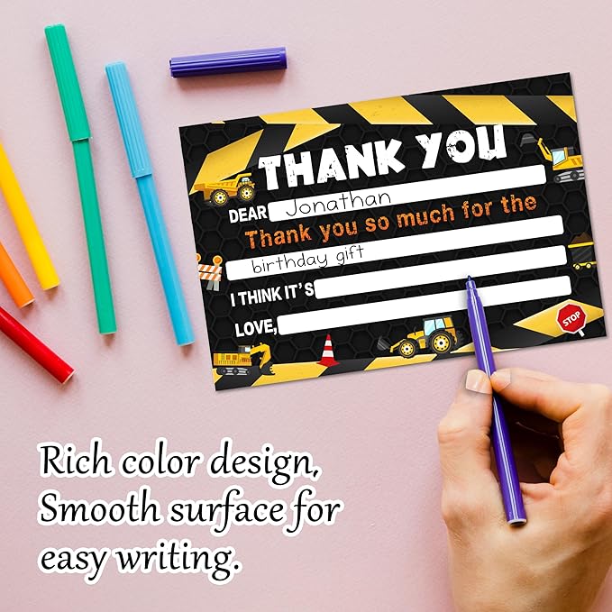 Construction Kids Thank You Cards, Excavator Crane Thank You Card For Birthday Party, Kids Birthday Cards Fill In The Blank, 20 Pack Greeting Cards With Envelopes For Boys And Girls, 012