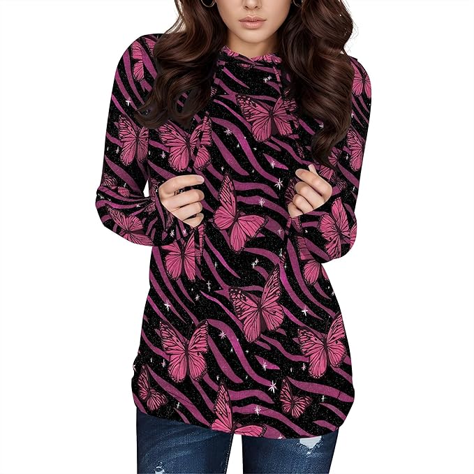 Hooded Sweatshirt Women Fall Butterfly Sweatshirts Lightweight Long Sleeve Pullover Tops Trendy Outfits Plus Size