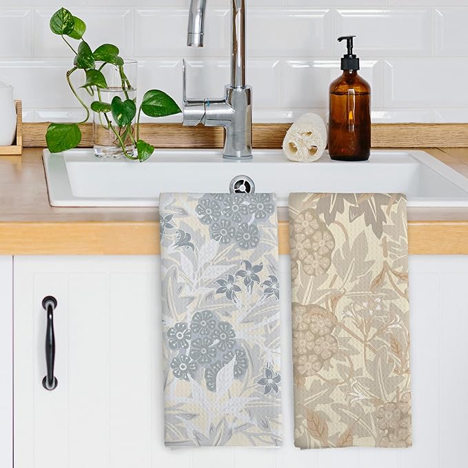 Bohemian Floral Kitchen Dish Towels Set of 2, Midcentury Modern Boho Flowers Decor for Bathroom, Vintage Rustic 70s Plant Hand Towels Kitchen Bathroom Tea Towels Decorations, 16x24inch