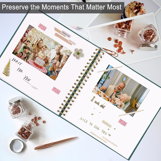 8 x 8 Inch Scrapbook Photo Album, DIY Memory Book Linen Cover for Photos, Hardcover Kraft White Pages Scrap Book Photo Albums for Travel, Wedding Anniversary Family Christmas Baby 40 Pages, Green