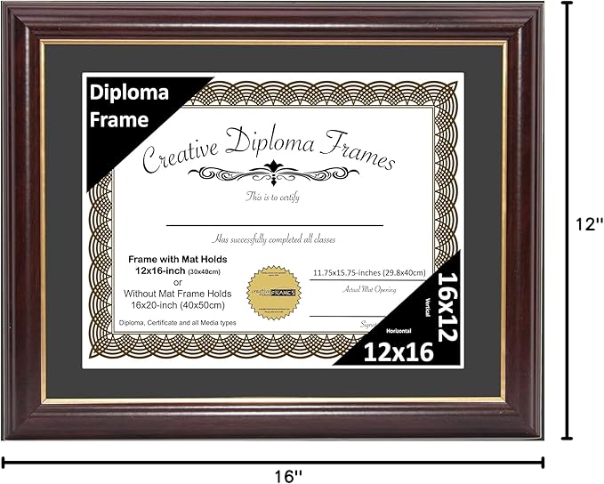 Creative Picture Frames 12x16 Mahogany Gold Rim Diploma Frame with Black Mat Glass and Installed Wall Hangers | Frame Holds 16x20 Media without Mat