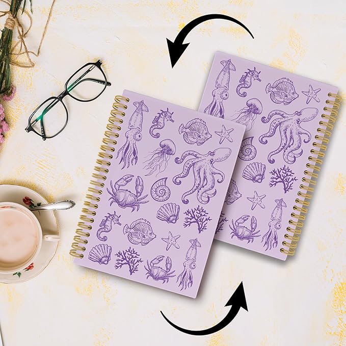 Purple Journal Notebook - Green Ocean Sea Life Coastal Themed Aesthetic Notebooks College Ruled for Office School Classroom, Gifts for Women Girls Kids, Hardcover Spiral Notebook 5.5"x8.3"