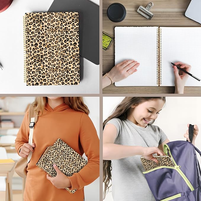 Cute Spiral Notebook journal A4 Aesthetic Pretty Design for Women Girls Kawaii with Pocket, 8.5 x 11 inch, Graph, Leopard
