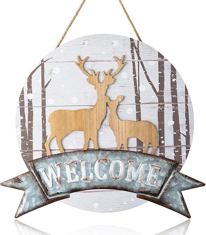 Christmas Deer Winter Door Sign Decor - Walasis 3D Reindeer Hanging Decoration for Wall Rustic Welcome Signs for Front Door Wood Xmas Wreath Sign for Indoor Outdoor