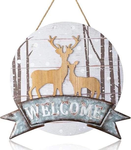 Christmas Deer Winter Door Sign Decor - Walasis 3D Reindeer Hanging Decoration for Wall Rustic Welcome Signs for Front Door Wood Xmas Wreath Sign for Indoor Outdoor