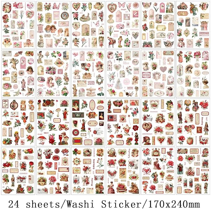 Vintage Stickers for Scrapbooking, Junk Journal - 24 Sheets Washi Sticker, Victorian Journal Stickers Book for Women, Self-Adhesive Scrapbook & Junk Journal Supplies (Red)