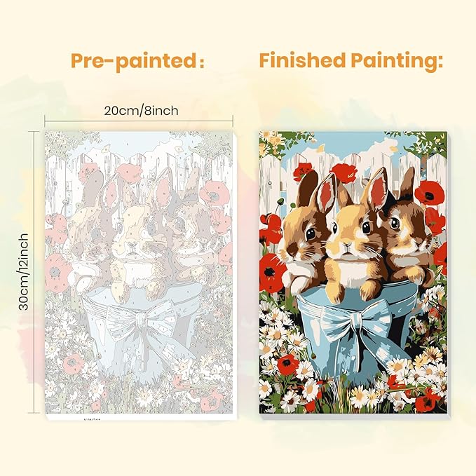 MXJSUA Easter Framed Paint by Numbers for Adults Beginners, Easy Adults' Paint-by-Number Kits on Canvas with Easel, Cute Bunnies Acrylic Number Painting Crafts Kits Gifts for Home Decor, 8x12inch