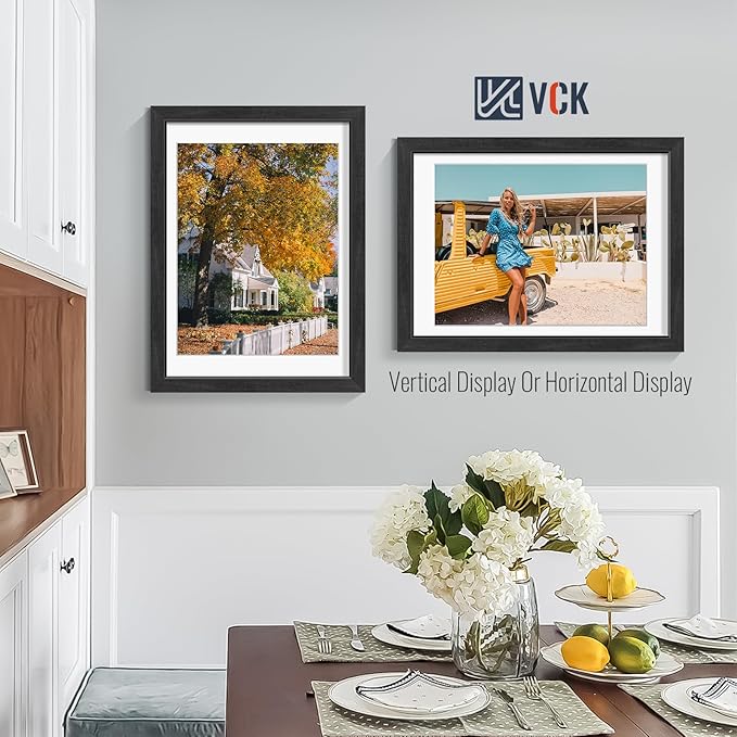 VCK 12x16 Picture Frames Black Set of 5, Wide Border Wood, Tempered Glass, Display 11x14 Photo with Mat or 12 x 16 without, for Home, Office, Gallery, Woodgrain Series, Wall Hanging