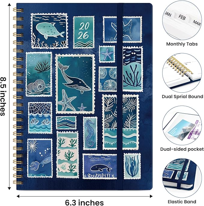 2026 Planner, Weekly and Monthly Planner for Women, January 2026 to December 2026, Pretty Hardcover 2026 Calendar Planner Book with Tabs, Inner Pocket, Spiral Bound, Perfect Office Home School Supplies - 6.3" x 8.5", Ocean Postmarks