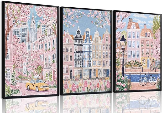 XLARTMY Watercolor City Landscape Travel Wall Art Canvas Framed Pink Cherry Flower Poster Girly Prints Painting Pictures Set of 3 for Bedroom Living Room Office 16x12in Unframed