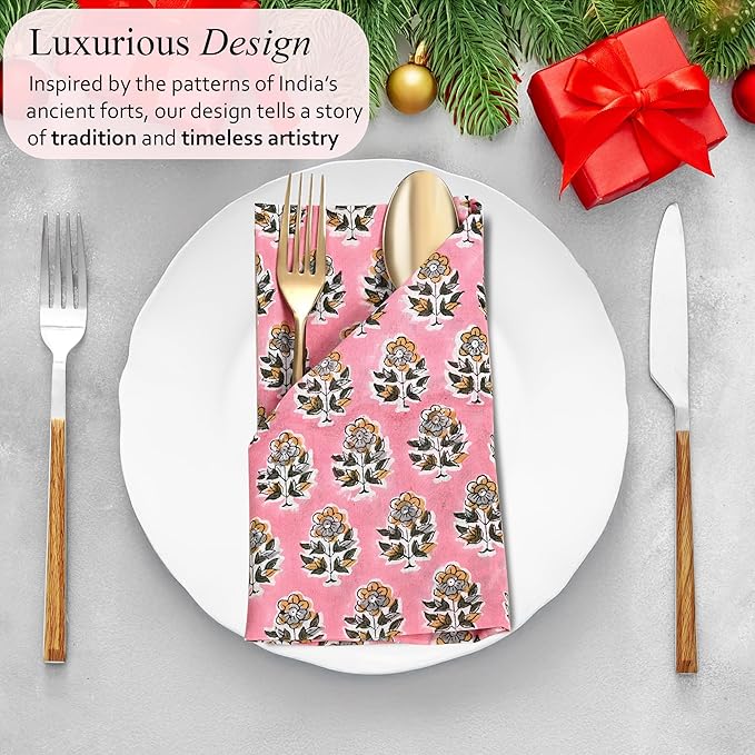 CPC Cloth Napkins 100% Cotton Set of 4 Reusable Napkins, Indian Block Print Toile Floral Dinner Napkin, Fall Thanksgiving Christmas Holiday Party Gift - Soft Absorbent Napkin, 18"x18" Poppy Pink