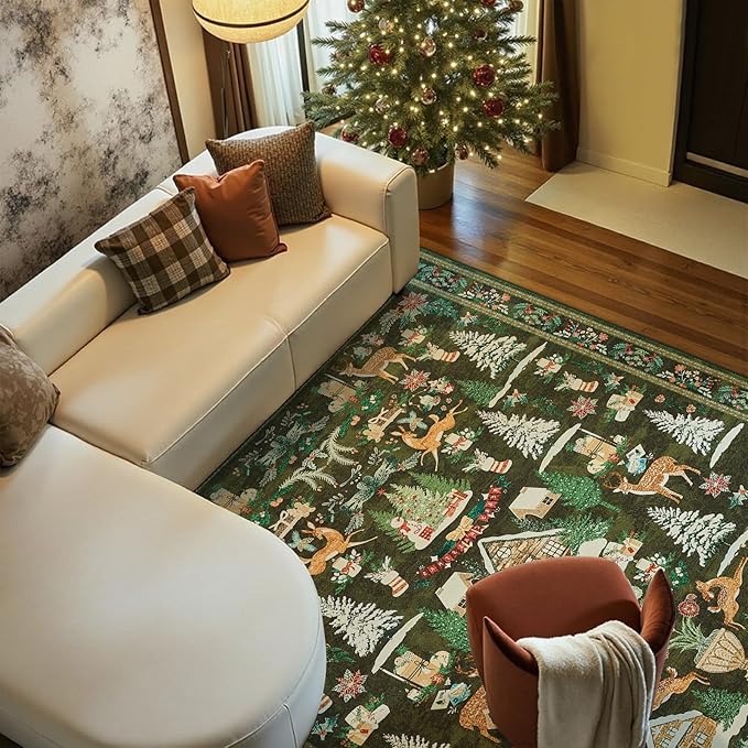jinchan Christmas Rug 8x10 for Living Room Bedroom Green Holiday Decorative Rug for Dining Room Christmas Tree and Cabin Printed Large Xmas Decor Indoor Washable Non Slip Floor Carpet