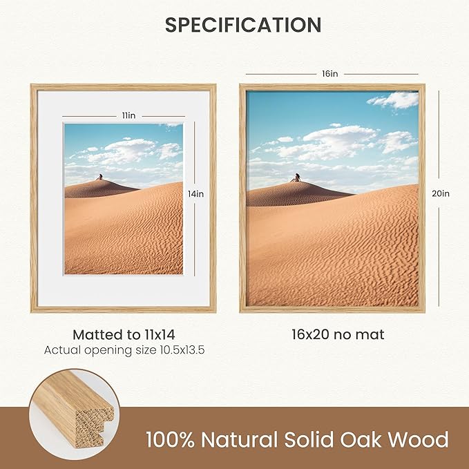 Dreamland 16x20 Picture Frame, Natural Oak Wood Photo Frame with Mat for 11x14, 16 x 20 Matted Picture Frames with Tempered Real Glass for Wall Art Photo and Prints, Oak Color, Set of 3
