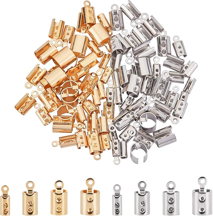 UNICRAFTALE About 80pcs 4 Sizes 2.5/3/4/5.5mm Leather Crimps Ends for Jewelry Making, Golden & Stainless Steel Color Folding Crimp Ends, Fold Over Cord Ends Jewelry Finding Kit for Bracelets