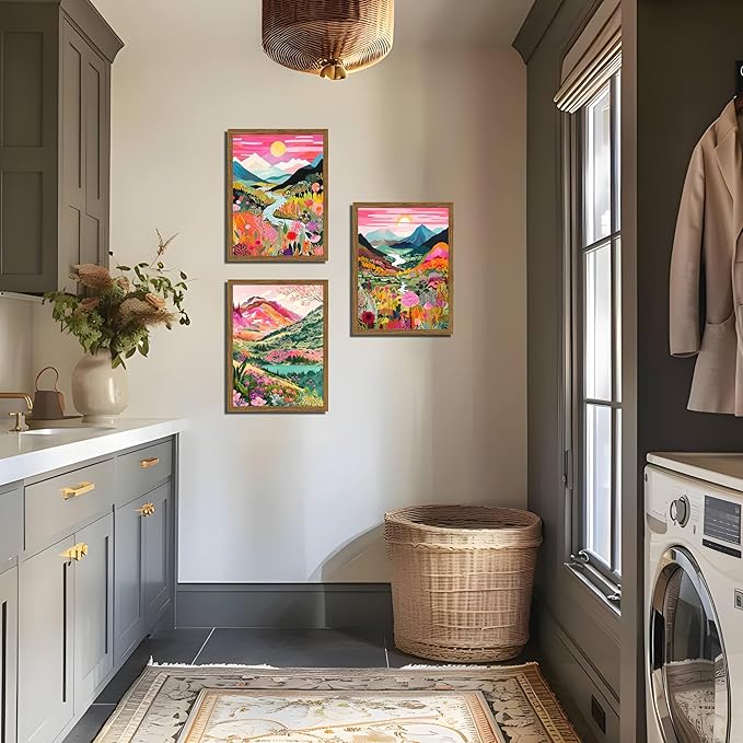 Boho Colorful Mountain Wall Art Set of 3, Abstract Watercolor Landscape Flower Wall Decor Paintings, Modern Nature Sunset Forest Posters Prints for Living Room, Bedroom 12x16 Inch Wood Framed