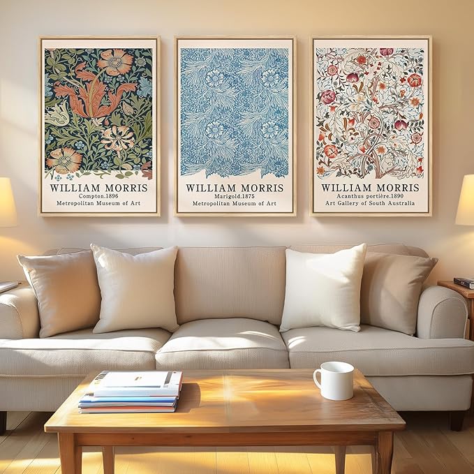 Framed Large William Morris Wall Art, Set of 3 Vintage Colorful Floral Canvas Prints Wall Art Decor, Aesthetic Botanical Painting for Living Room, Bedroom, Hallway, or Office Decor, Total Size 30x60