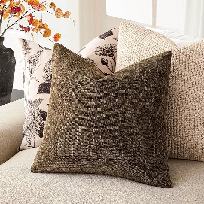 Foindtower Pack of 2 Soft Textured Chenille Throw Decorative Pillow Covers Square Accent Solid Cushion Cover Neutral Farmhouse Pillow Case for Couch Sofa Bedroom Living Room 24x24 Inch,Taupe Brown