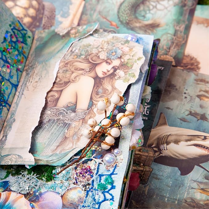 Yoksas 120 Sheets Vintage Mythology Fantasy Sea Ocean Scrapbook Paper - Mermaid Seahorse Corals UnderSea Junk Journals Decorative Cardstock for Posters,Card Making,Crafts Paper
