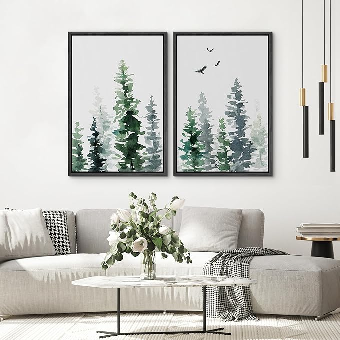 SIGNWIN Framed Wall Art Print Set Watercolor Green & Gray Forest and Birds Nature Wilderness Illustrations Modern Art Rustic Relax/Calm Multicolor for Living Room, Bedroom, Office - 16"x24"x2 Black