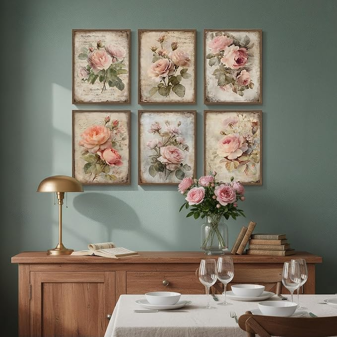 Framed Vintage Floral Wall Art, Set of 6 Retro Botanical Flower Canvas Painting Prints Artwork for Rustic Farmhouse, Elegant Pink Rose Pictures for Bedroom Living Room Kitchen Office Home Decor, 11x14