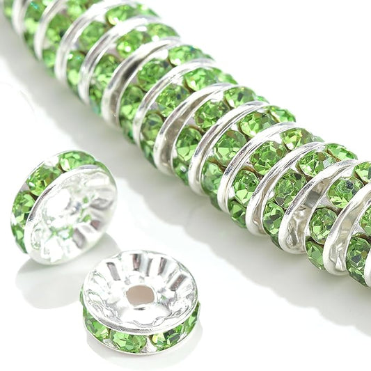 100Pcs Rondelle Spacer Beads Round Crystal Charms Czech Rhinestone Silver Plated Spacer Loose Beads for DIY Bracelet Necklace Jewelry Making Supplies (6MM, Green)