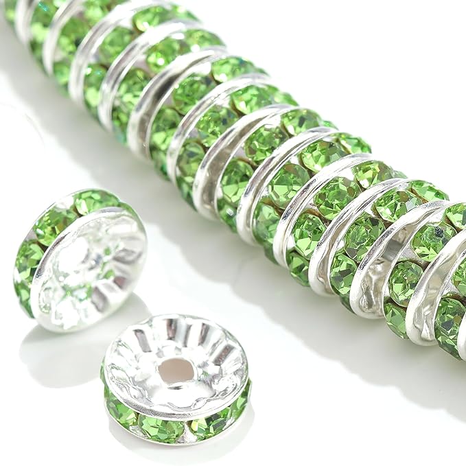 100Pcs Rondelle Spacer Beads Round Crystal Charms Czech Rhinestone Silver Plated Spacer Loose Beads for DIY Bracelet Necklace Jewelry Making Supplies (4MM, Green)