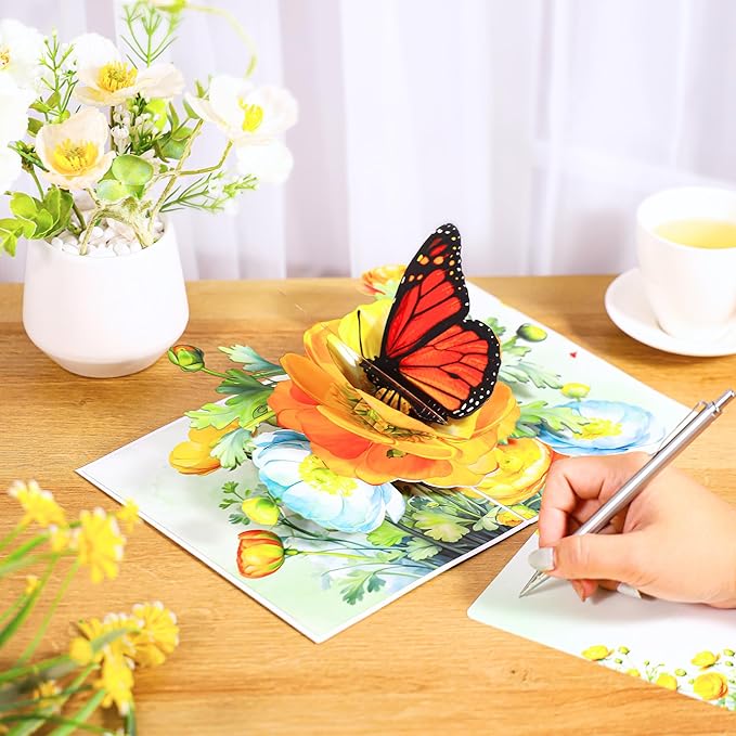 Butterfly on Flower Pop-Up Birthday Card – Handmade 3D Monarch Butterfly Floral Card for Wife, Mom, Her, Sister, Daughter, Ideal Gift for Birthday, Get Well, Thank You, Mothers Day, 6x8 inch