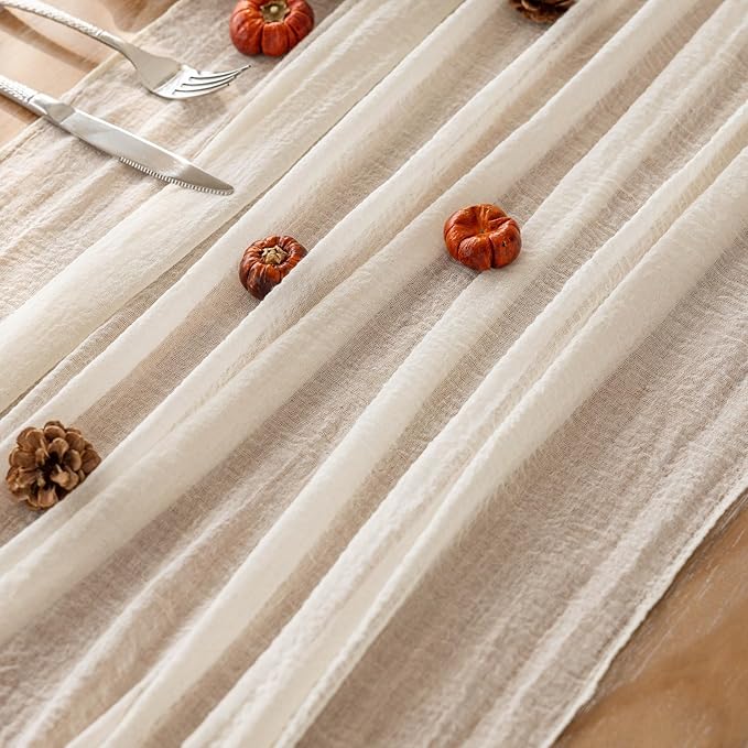 Keketoarrange 10pcs Ivory Gauze Rustic Cheesecloth Table Runner 120 Inch 10 FT for Wedding Baby Shower Bridal Shower Birthday Engagement Garden Outdoor Party Long Sheer Boho Decorations