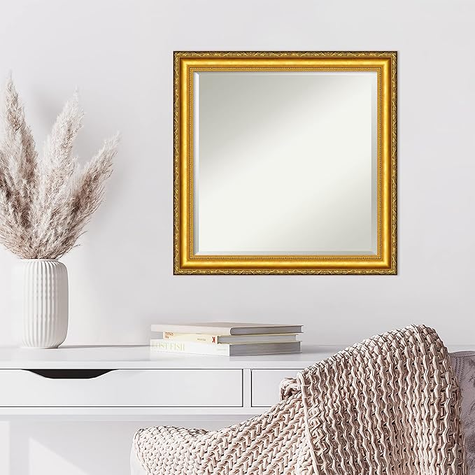 Amanti Art Gold Wall Mirror 24x24 Colonial Embossed Gold Square Bathroom Mirror for Wall Decor Living Room, Medium Traditional Wood Frame, Hangs Horizonally and Vertically, Bathroom Decor, Beveled