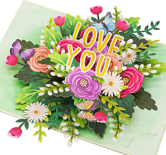 Colorful Floral Roses Pop Up Card, Love You, Flowers, Butterfly, 3D Greeting Cards, Ideal Gifts for Birthday, Mothers Day, Anniversary, Valentines Day, 5x7 - Includes Envelope And Message Note