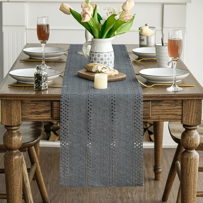 Artoid Mode Dark Grey Farmhouse Woven Rustic Hollow Table Runner, Seasonal Holiday Kitchen Dining Table Decoration for Home Party Decor 12x36 Inch