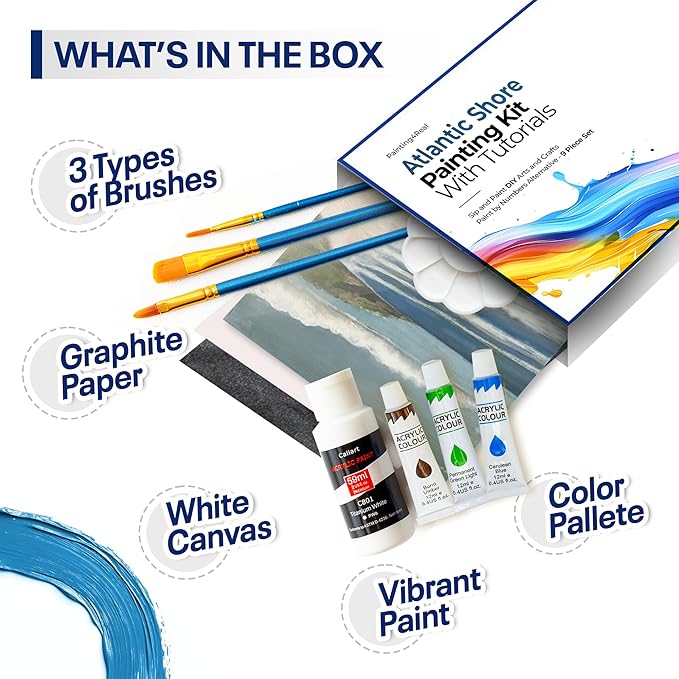 Painting4Real DIY Art Painting Kit for Adults – Learn to Paint Atlantic Coast with Video Tutorials - Step-by-Step Guided 9 Pieces Acrylic Paint Set for Adults - Unique Gift for Art Lovers & Beginners