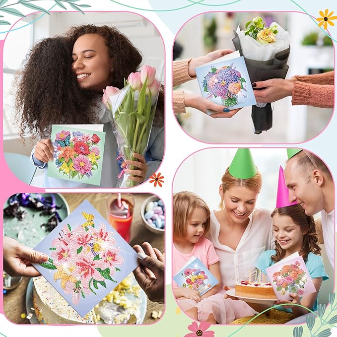 Saillong 12 Pack Flower Diamond Painting Greeting Card Kits DIY Pastel Flower Diamond Art Cards with Envelopes Floral 5d Rhinestones Paint Card for Adults DIY Craft Family Friend Birthday Xmas Gifts