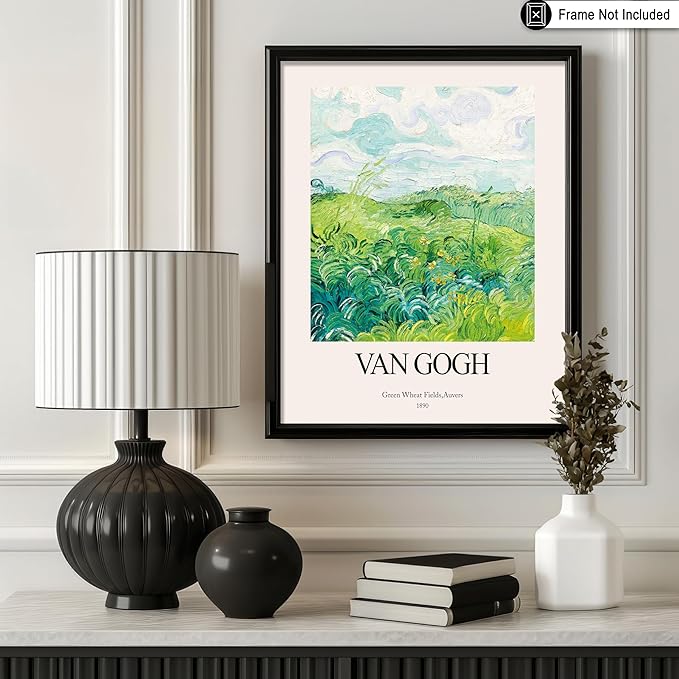 Monem Art Vintage Van Gogh Poster - Retro Impressionist Print - Green Wheat Fields, Auvers, Sky, Leaves, Landscape - Gift for Artist, Friend - Wall Decor for Home, Office, 24x32 Unframed Wall Art