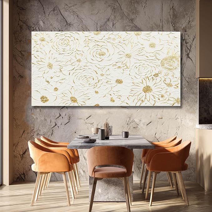 YJYart Floral Wall Decor White and Gold Decorations Simple Wall Art 24"x48" Office Wall Pictures Oil Paintings for Bedroom