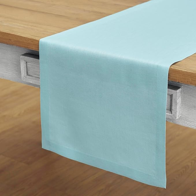 Solino Home Linen Aqua Blue Table Runner 120 Inches Long - 100% Pure Linen 14 x 120 Inch Table Runner for Dining, Spring, Easter, Winter - Fete