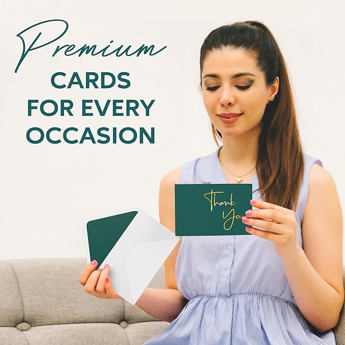 VNS Creations Gold Foil Thank You Cards With Envelopes Bulk Set & Stickers - 100 Pack 4x6 Blank Thank You Notes Set - Large Note Card Small Business, Wedding, Baby Shower & Bridal Shower - Post Green
