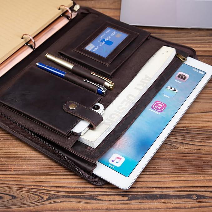 Professional Leather Business Padfolio Portfolio Case, 3 Ring Binder,Zippered Business Document Organizer Tablet Holder Folder Case,with Letter Size Notepad (Dark Brown)