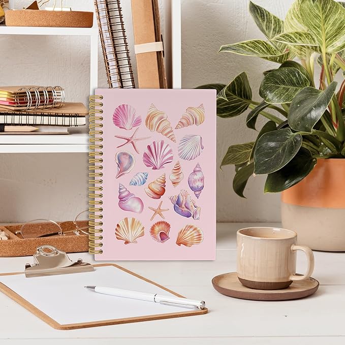 Preppy Beach Notebook, Pink Coastal Preppy Beach Seashell Aesthetic Journal Notebooks, Ocean Journal, Pink Office Supplies, Ocean Hardcover Spiral Notebook 5.5x8.3 Inch