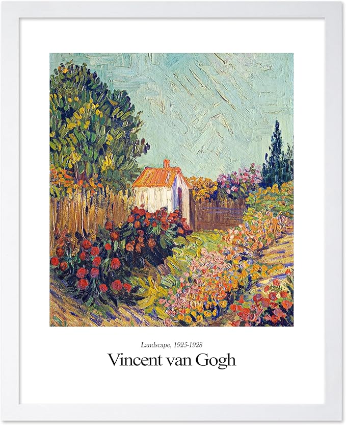 Monem Art Vintage Van Gogh Poster - Retro Impressionist Print - Flower Garden, Cottage, Sky, Colorful, Landscape - Gift for Artist, Friend - Wall Decor for Home, Office, 8x10 White Framed
