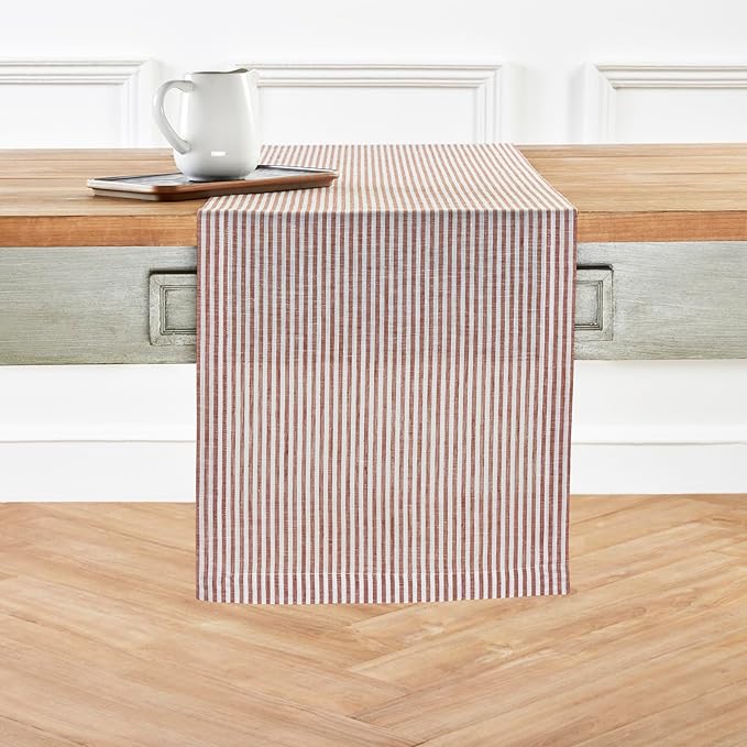Solino Home Linen Table Runner 48 Inches - Narrow Stripe 100% Pure Linen Cinnamon and White Table Runner 14 x 48 Inch Ideal for Dresser and Coffee Tables