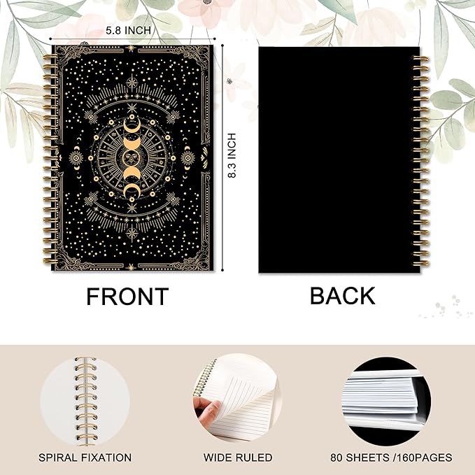 Sun and Moon Witchy Notebook, Witch Gothic Celestial Journal, Witchy Gifts for Women, Mystical Gold Moon Tarot Card Spiral Journal Notebook, 5.5x8.3 Inch