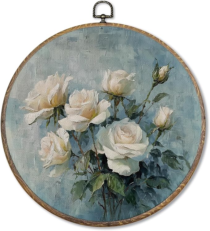 FUGWN Vintage Rose Floral Round Wall Art Decor Framed, Cottagecore White Floral Canvas Artwork Prints, Rustic Farmhouse Flower Wall Hanging Decorations for Home Bedroom Living Room, 10x10 Inch