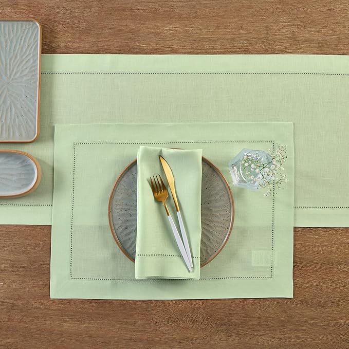 Solino Home Linen Hemstitch Table Runner 108 Inches Long - 100% Pure Linen Light Green Table Runner 14 x 108 Inch for Spring, St Patricks Day, Easter - Classic Hemstitch