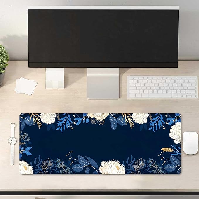 Flowers Plants Mouse Pads for Desk,Premium Textured Large Mouse Pad for Women with Non-Slip Rubber Base, Pink Gold Design Mouse Mat with Stitched Edge Desktop Protection Mat for Computers Laptop