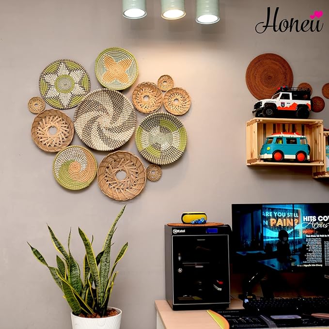 Boho Wall Baskets for Decor, Wicker Hanging Basket, Boho Wall Art, Woven Hanging Basket, Rattan Decor, Bohemian Decorative for Living Room Or Bedroom, Round Bamboo and Seagrass Plates 12 Pcs